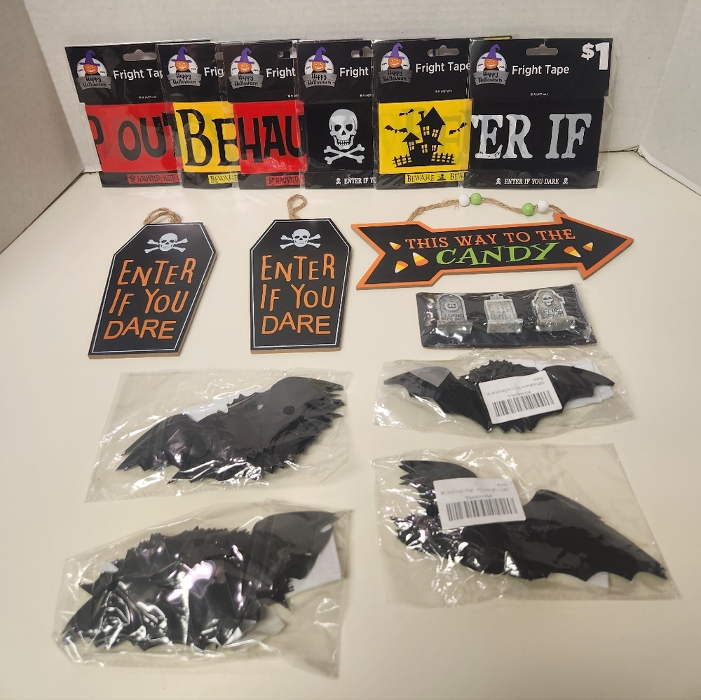 Bundle Of 14 Halloween Decoration Bats, Signs, Mini Head Stones
